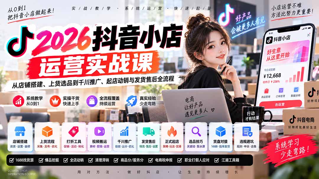 2026抖音小店运营实战课｜从店铺搭建、上货选品到千川推广、起店动销与发货售后全流程-heixxmi