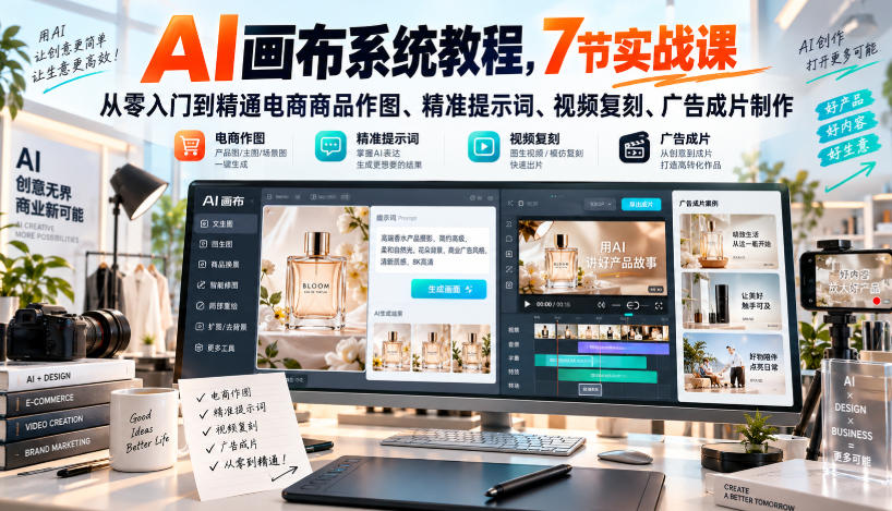 AI画布系统教程，7节实战课从零入门到精通电商商品作图、精准提示词、视频复刻、广告成片制作-heixxmi
