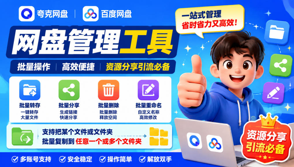 夸克网盘批量文件重命名，批量转存、批量分享、批量复制，内置AI功能-heixxmi
