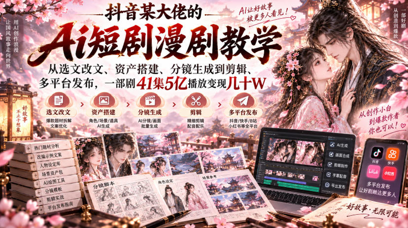抖音某大佬的Ai短剧漫剧教学，从选文改文、资产搭建、分镜生成到剪辑、多平台发布，一部剧41集5亿播放变现几十W-heixxmi