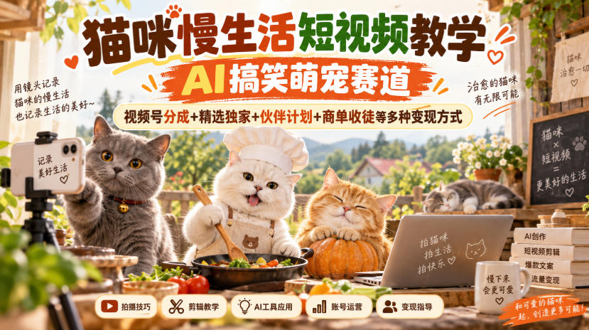 猫咪慢生活短视频教学，AI搞笑萌宠赛道，视频号分成+精选独家+伙伴计划+商单收徒等多种变现方式-heixxmi