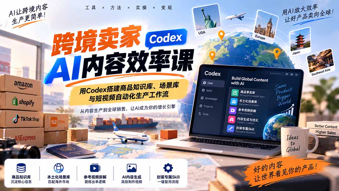 跨境卖家AI内容效率课：用Codex搭建商品知识库、场景库与短视频自动化生产工作流-heixxmi