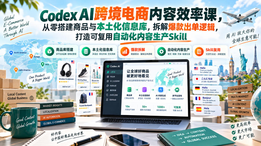 Codex AI跨境电商内容效率课，从零搭建商品与本土化信息库，拆解爆款出单逻辑，打造可复用自动化内容生产Skill-heixxmi