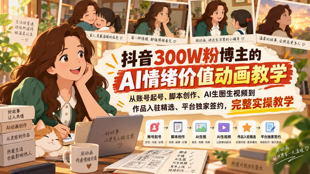 抖音300W粉博主的AI情绪价值动画教学，从账号起号、脚本创作、AI生图生视频到作品入驻精选、平台独家签约，完整实操-heixxmi