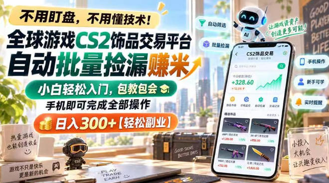 全球游戏CS2饰品交易平台自动批量捡漏賺米，小白轻松入门，包教包会，手机即可完成全部操作，日入300+【揭秘】-heixxmi
