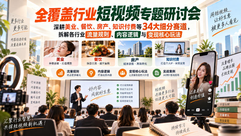 短视频专题研讨会，深耕美业、餐饮、房产、知识付费等34大细分赛道，拆解各行业流量规则、内容逻辑与变现核心玩法-heixxmi
