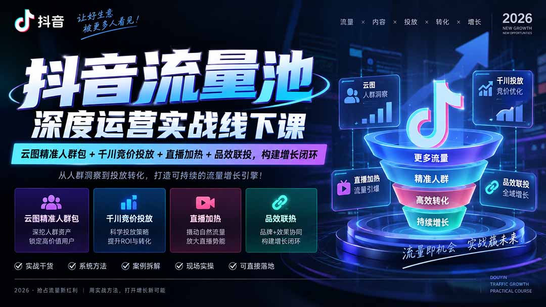 抖音流量池深度运营实战线下课｜云图精准人群包+千川竞价投放+直播加热+品效联投，构建增长闭环-heixxmi