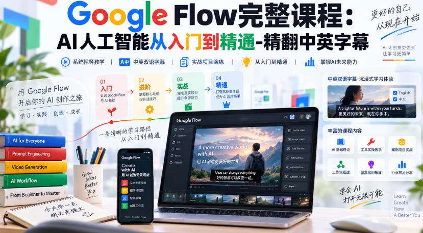 【无水印】Google Flow完整课程：AI人工智能从入门到精通-精翻中英字幕-heixxmi
