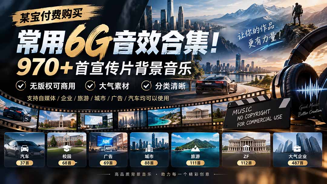 某宝付费购买，常用6G音效合集！970+首宣传片背景音乐，无版权可商用大气素材，分类清晰-heixxmi