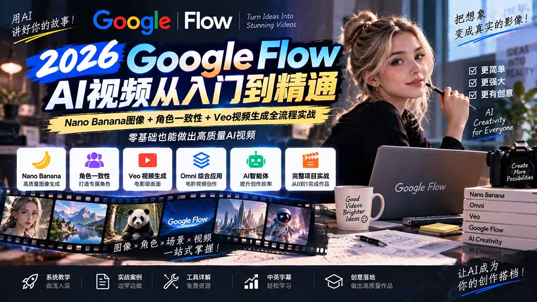 【无水印】Google Flow AI视频从入门到精通：Nano Banana图像+角色一致性+Veo视频生成全流程实战-精翻中英字幕-heixxmi
