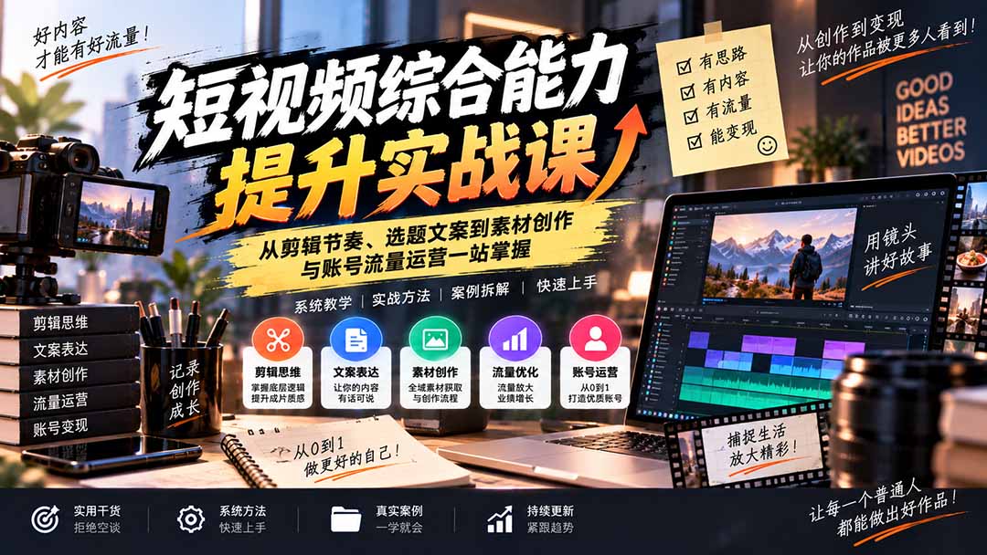 短视频综合能力提升实战课：从剪辑节奏、选题文案到素材创作与账号流量运营一站掌握-heixxmi