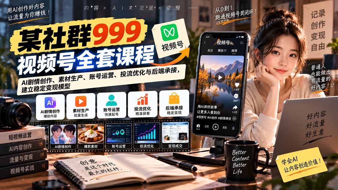 【无水印】某社群999视频号全套课程：AI剧情创作、素材生产、账号运营、投流优化与后端承接，建立稳定变现模型-heixxmi