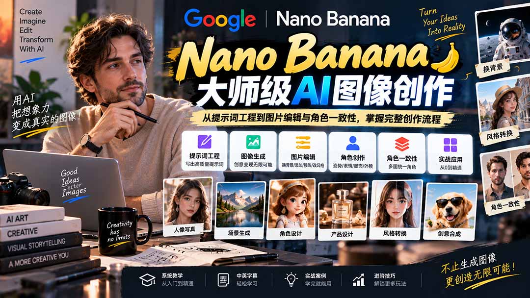 【无水印】Nano Banana大师级AI图像实战课：从提示词工程到图片编辑与角色一致性，掌握完整创作流程-heixxmi