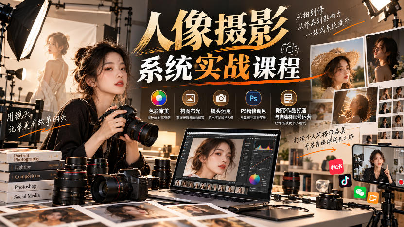 【无水印】人像摄影系统实战课程，色彩审美、构图布光、镜头运用、PS精修调色，附带作品打造与自媒体账号运营-heixxmi