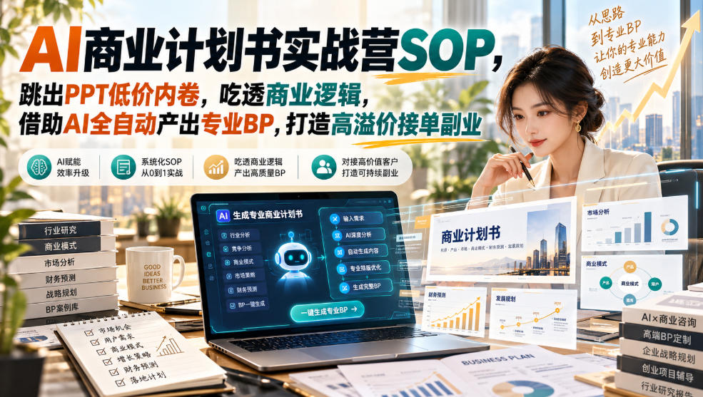 AI商业计划书实战营SOP，跳出PPT低价内卷，吃透商业逻辑，借助AI全自动产出专业BP，打造高溢价接单副业-heixxmi