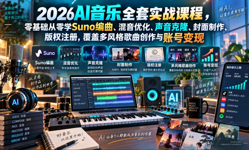 2026AI音乐实战课程，零基础从零学Suno编曲、混音优化、声音克隆、版权注册，覆盖多风格歌曲创作与账号变现(更新0924)-heixxmi