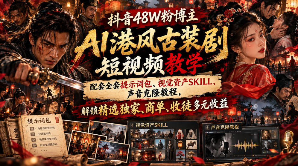 抖音48W粉博主AI港风古装剧短视频教学，配套全套提示词包、视觉资产SKILL、声音克隆教程，解锁精选独家、商单、收徒多元收益-heixxmi