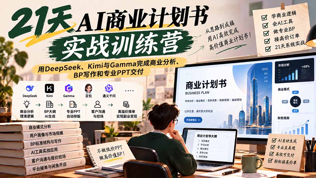 【无水印】21天AI商业计划书实战训练营：用DeepSeek、Kimi与Gamma完成商业分析、BP写作和专业PPT交付-heixxmi