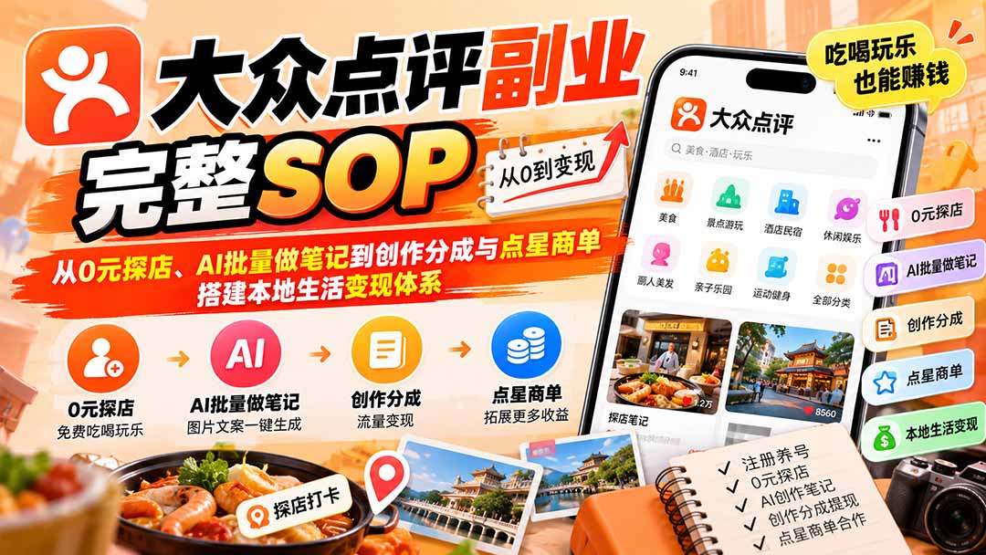 【无水印】大众点评副业完整SOP：从0元探店、AI批量做笔记到创作分成与点星商单，搭建本地生活变现体系-heixxmi