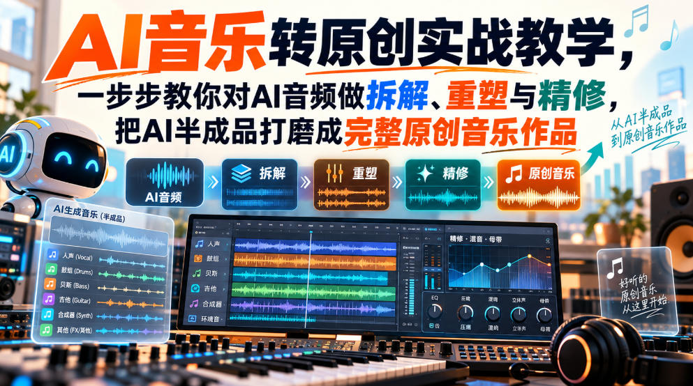 AI音乐转原创实战教学，一步步教你对AI音频做拆解、重塑与精修，把AI半成品打磨成完整原创音乐作品-heixxmi