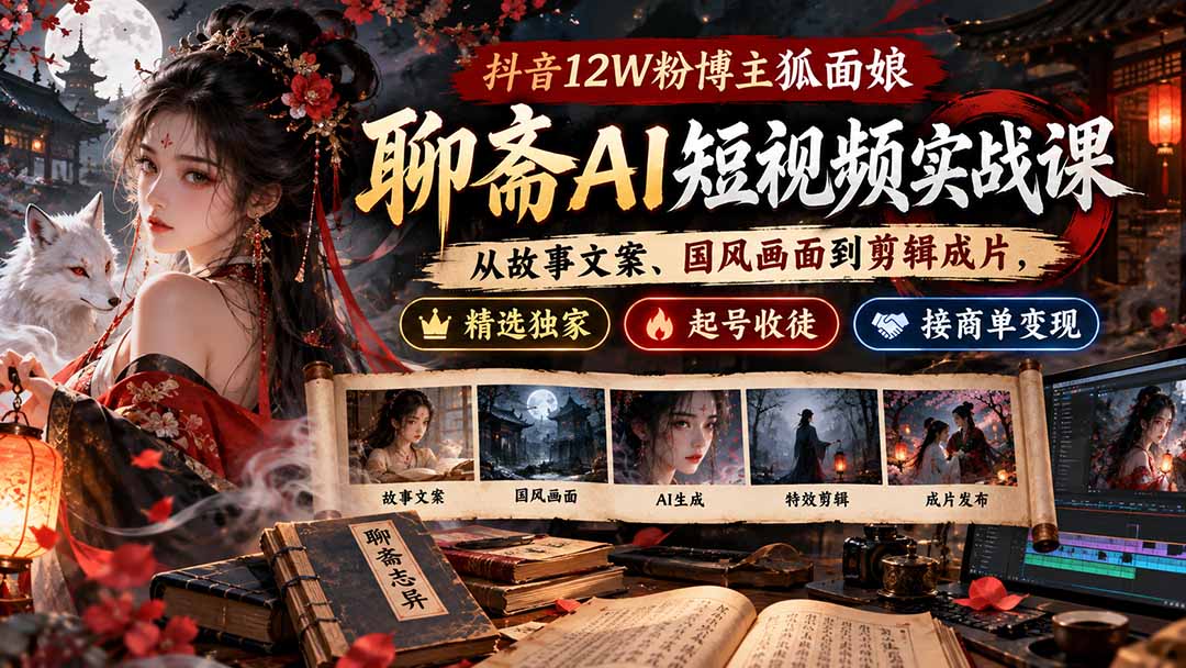 抖音12W粉博主狐面娘-聊斋AI短视频实战课：从故事文案、国风画面到剪辑成片，精选独家+起号收徒+接商单变现-heixxmi
