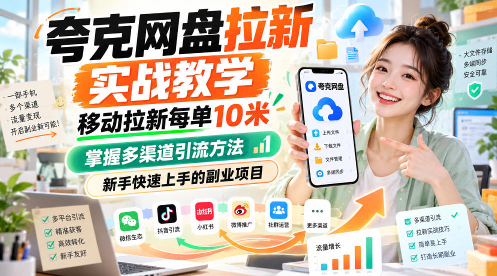 夸克网盘拉新实战教学，移动拉新每单10米，掌握多渠道引流方法，新手快速上手的副业项目-heixxmi