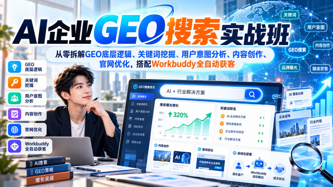 AI企业GEO搜索实战班，从零拆解GEO底层逻辑、关键词挖掘、用户意图分析、内容创作、官网优化，搭配Workbuddy全自动获客-heixxmi
