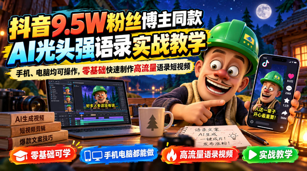 抖音9.5W粉丝博主同款AI光头强语录实战教学，手机、电脑均可操作，零基础快速制作高流量语录短视频-heixxmi