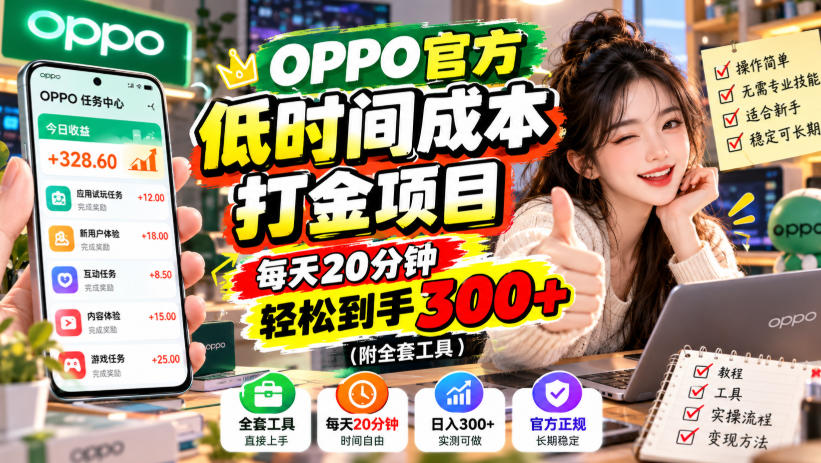 OPPO官方低时间成本打金项目，每天20分钟，轻松到手300+(附全套工具)【揭秘】-heixxmi