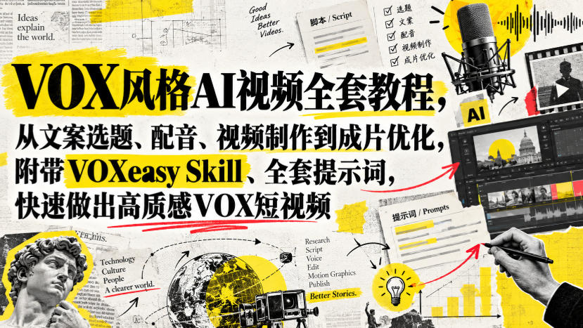 VOX风格AI视频全套教程，从文案选题、配音、视频制作到成片优化，附带VOXeasy Skill、全套提示词，快速做出高质感VOX短视频-heixxmi