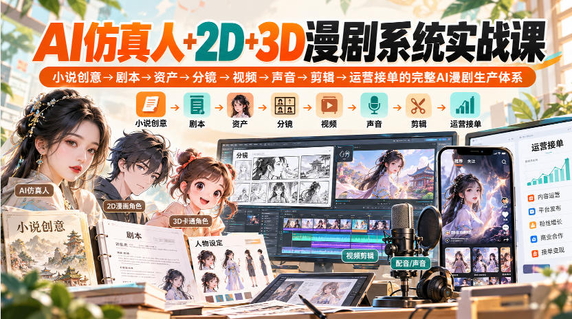【无水印】AI仿真人+2D+3D漫剧系统实战课，小说创意→剧本→资产→分镜→视频→声音→剪辑→运营接单的完整AI漫剧生产体系-heixxmi