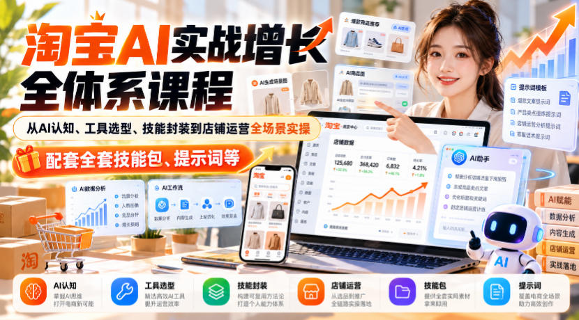 淘宝AI实战增长全体系课程，从AI认知、工具选型、技能封装到店铺运营全场景实操，配套全套技能包、提示词等-heixxmi