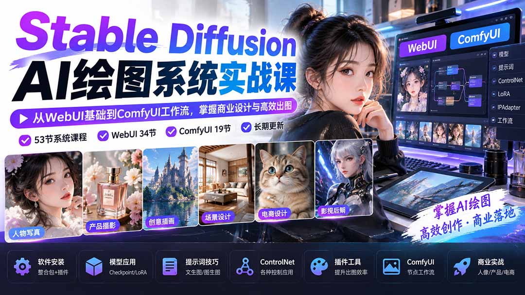【无水印】Stable Diffusion AI绘图系统实战课：从WebUI基础到ComfyUI工作流，掌握商业设计与高效出图-heixxmi