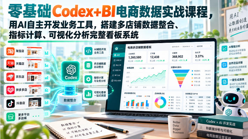 零基础Codex+BI电商数据实战课程，用AI自主开发业务工具，搭建多店铺数据整合、指标计算、可视化分析完整看板系统-heixxmi