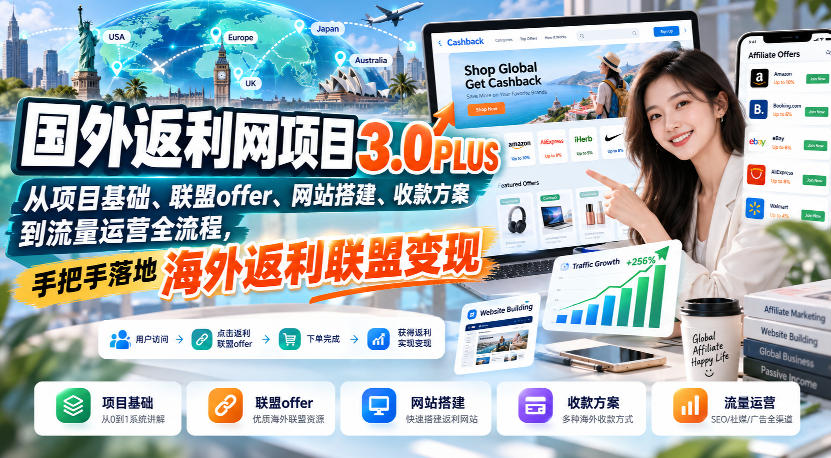 国外返利网项目3.0PLUS，从项目基础、联盟offer、网站搭建、收款方案到流量运营全流程，手把手落地海外返利联盟变现-heixxmi