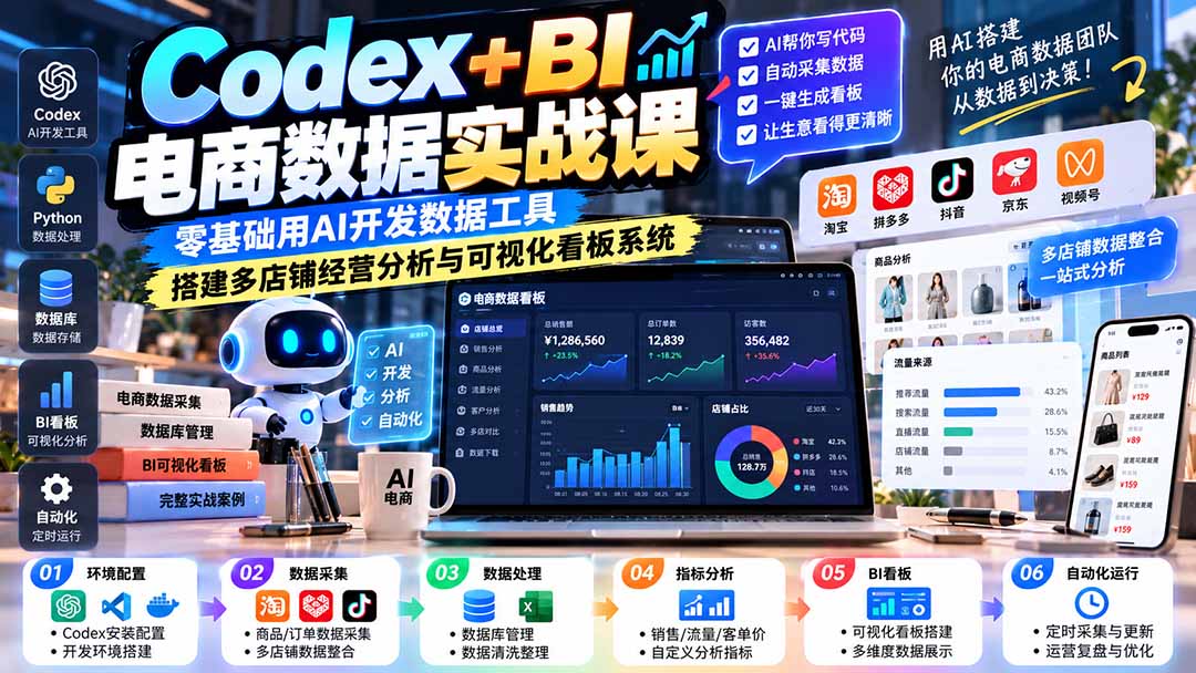 Codex+BI电商数据实战课：零基础用AI开发数据工具，搭建多店铺经营分析与可视化看板系统-heixxmi