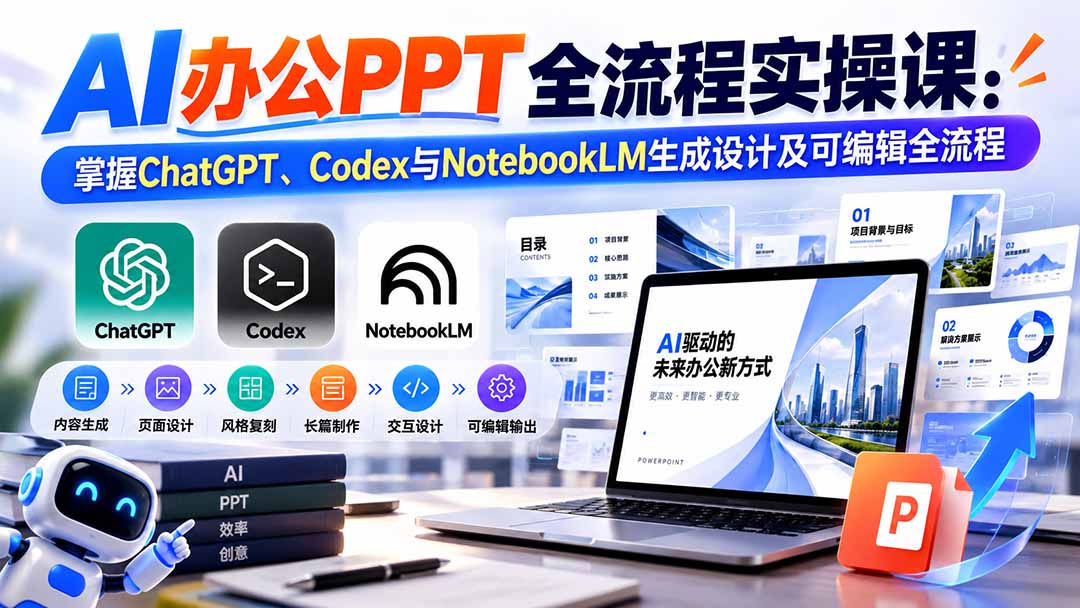 【无水印】AI办公PPT全流程实操课： 掌握ChatGPT、Codex与NotebookLM生成设计及可编辑全流程-heixxmi