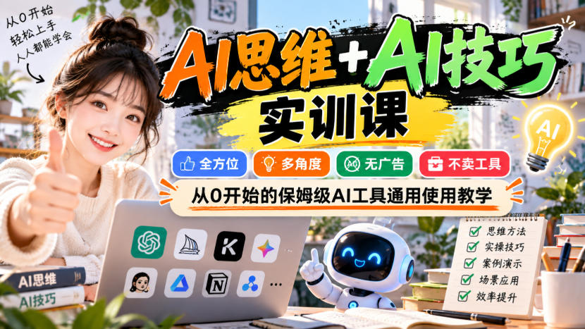 【无水印】AI思维+AI技巧实训课，全方位、多角度、无广告、不卖工具，从0开始的保姆级AI工具通用使用教学-heixxmi
