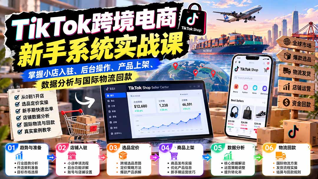 TikTok跨境电商新手系统实战课：掌握小店入驻、后台操作、产品上架、数据分析与国际物流回款-heixxmi