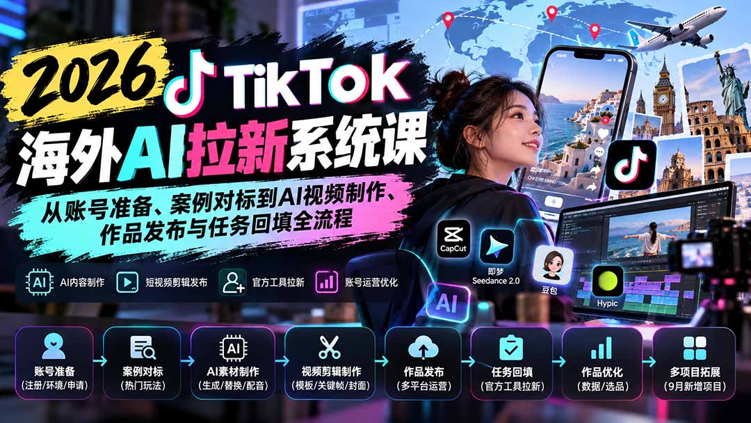 【无水印】2026 TikTok海外AI拉新系统课：从账号准备、案例对标到AI视频制作、作品发布与任务回填全流程-heixxmi