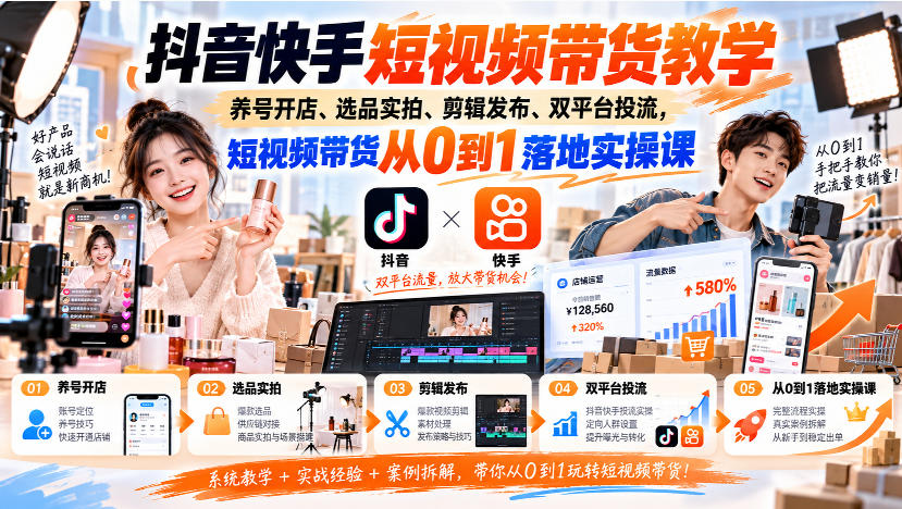 抖音快手短视频带货教学｜养号开店、选品实拍、剪辑发布、双平台投流，短视频带货从0到1落地实操课-heixxmi