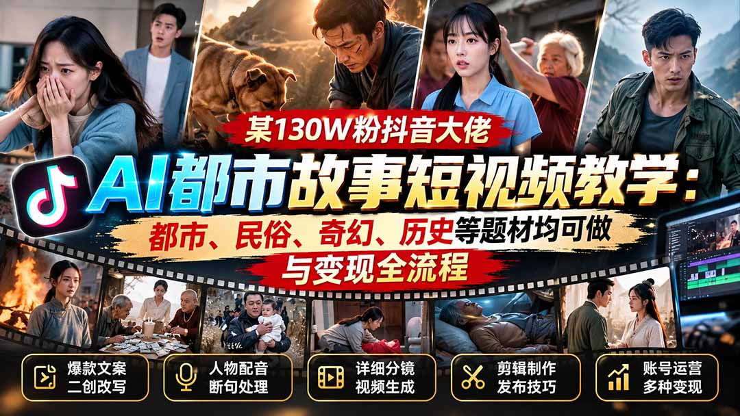 某130W粉抖音大佬AI都市故事短视频教学：都市、民俗、奇幻、历史等题材均可做与变现全流程-heixxmi