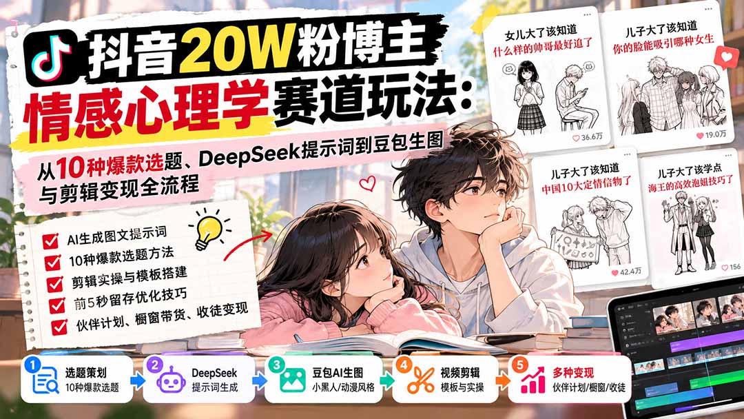 抖音20W粉博主-情感心理学赛道玩法：从10种爆款选题、DeepSeek提示词到豆包生图与剪辑变现全流程-heixxmi
