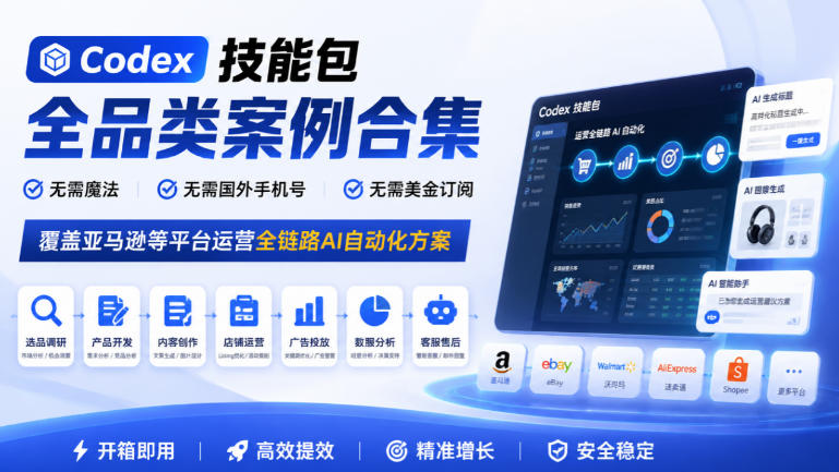 Codex技能包全品类案例合集，无需魔法、无需国外手机号、无需美金订阅，覆盖亚马逊等平台运营全链路AI自动化方案-heixxmi