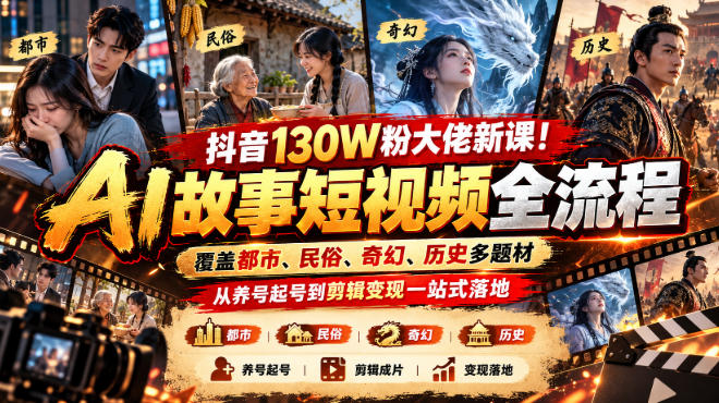抖音130W粉大佬新课！AI故事短视频全流程，覆盖都市、民俗、奇幻、历史多题材，从养号起号到剪辑变现一站式落地-heixxmi