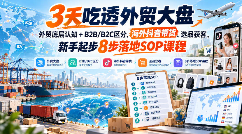 3天吃透外贸大盘，外贸底层认知+B2B/B2C区分、海外抖音带货、选品获客，新手起步8步落地SOP课程-heixxmi