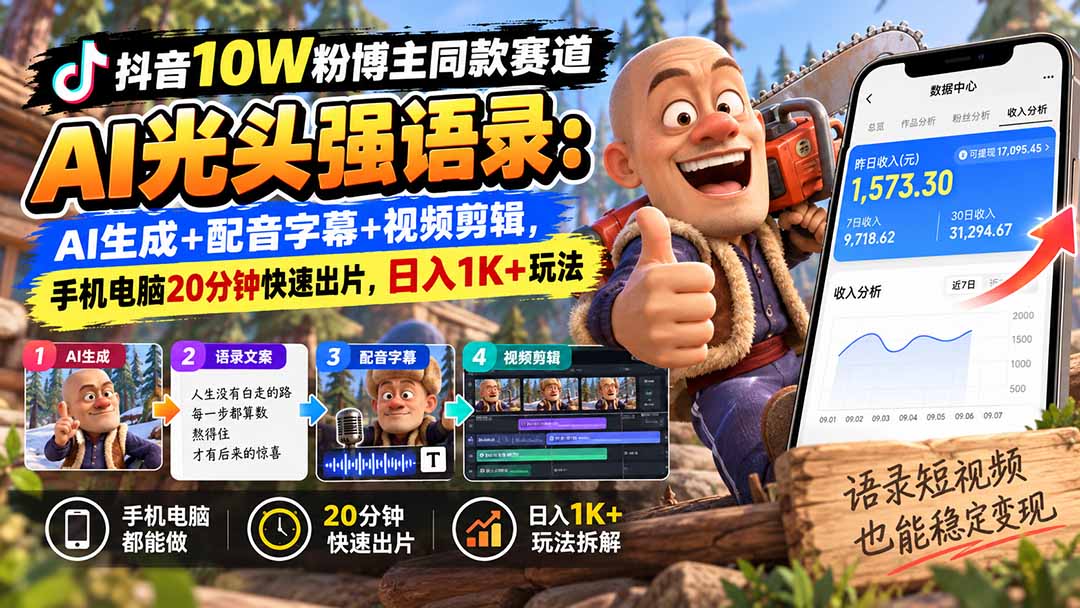 【无水印】抖音10W粉博主同款赛道AI光头强语录：AI生成+配音字幕+视频剪辑，手机电脑20分钟快速出片，日入1K+玩法-heixxmi