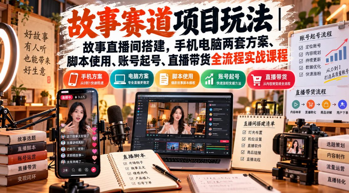 故事赛道项目玩法｜故事直播间搭建，手机电脑两套方案、脚本使用、账号起号、直播带货全流程实战课程-heixxmi