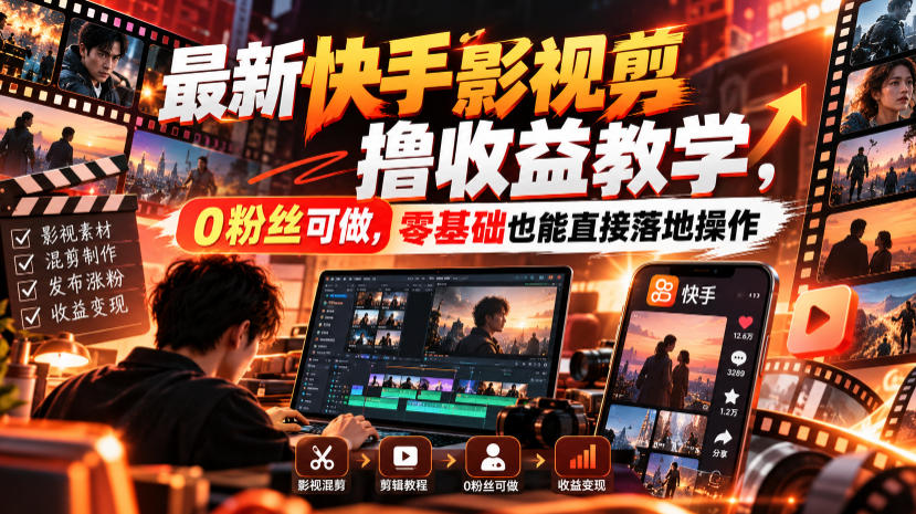 最新快手影视混剪撸收益教学，0粉丝可做，零基础也能直接落地操作-heixxmi