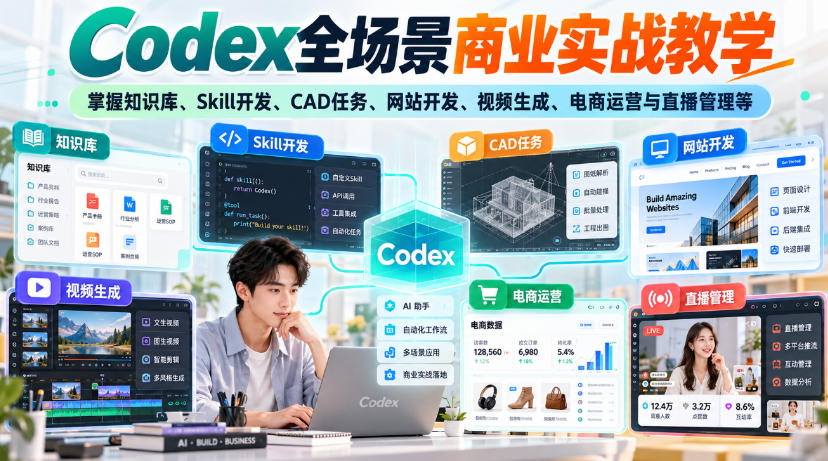 【无水印】Codex全场景商业实战教学，掌握知识库、Skill开发、CAD任务、网站开发、视频生成、电商运营与直播管理等-heixxmi